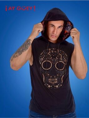 Men's Black Sleeveless Hoodie Tank Top with Studded Skull